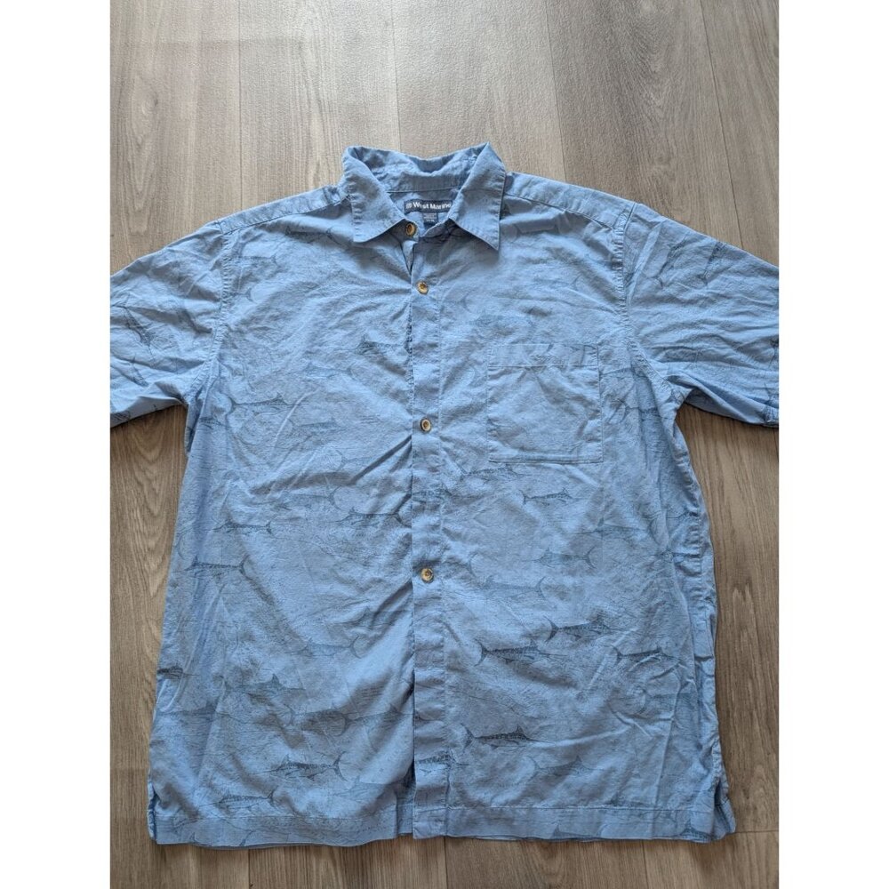 West Marine Mens Blue Short Sleeve Button-Up Shirt Shark Print 100% Cotton XL